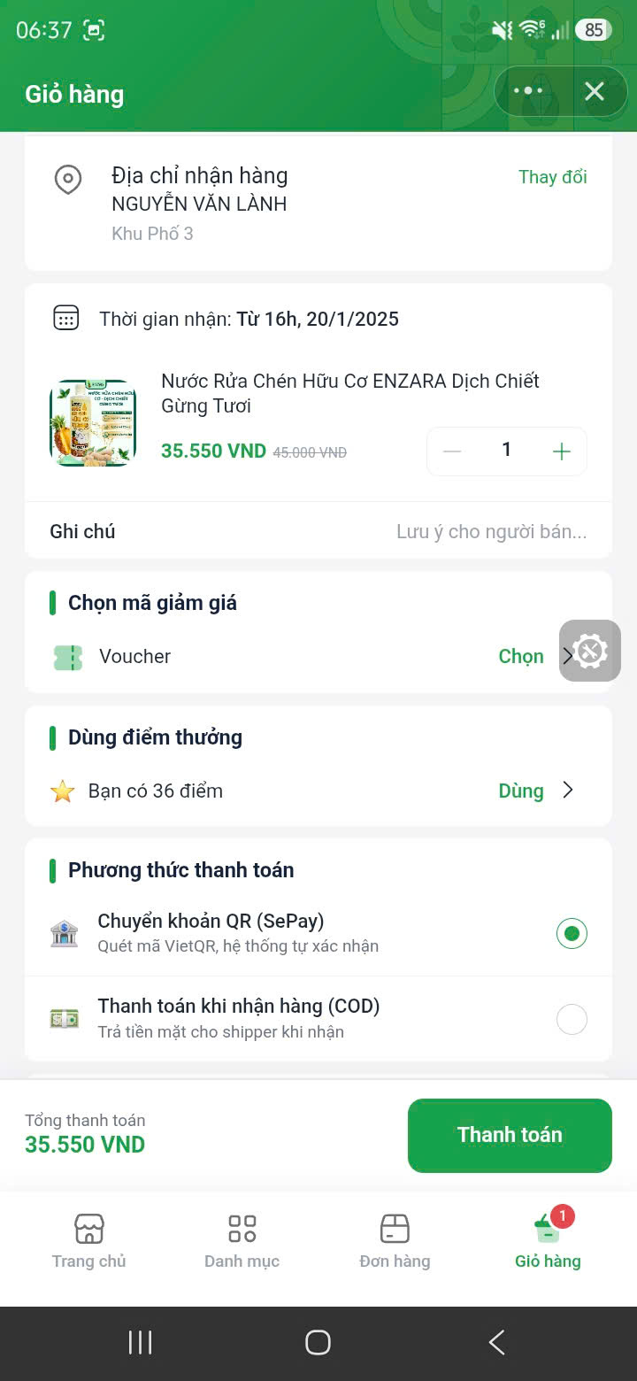 ENZARA — giỏ hàng, voucher, điểm